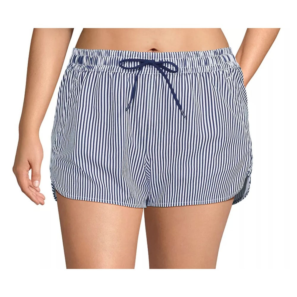 Lands End Striped Swim Trunks Shorts Womens Size 4 Navy White Drawstring Pockets